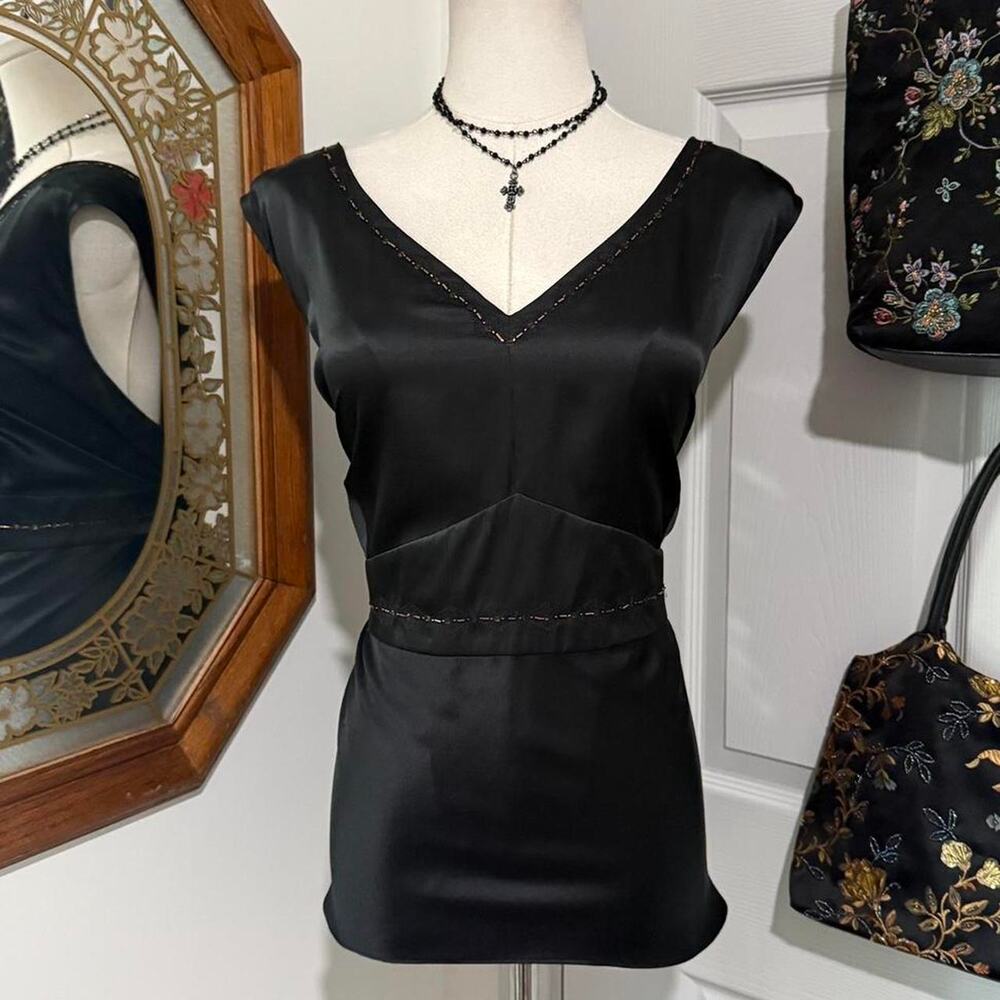 Y2K Alfani Black 100% Silk & Gold Beaded Sleeveless V Neck Dark Feminine Top 24W